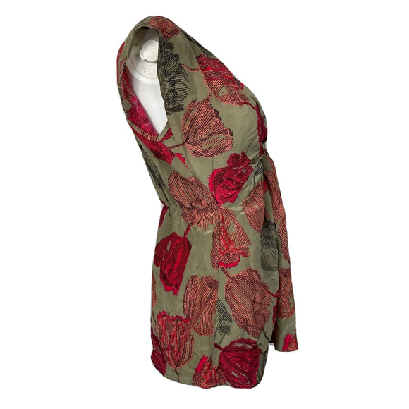 Laila & Savannah Shirt Womens Sz Small Brown Red Floral Silk V-Neck‎ Twist Top - Picture 3 of 10